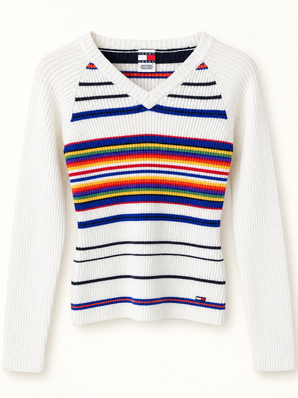 Vintage 2001 Tommy Jeans Rainbow Stripe Ribbed Cotton Sweater Y2K M